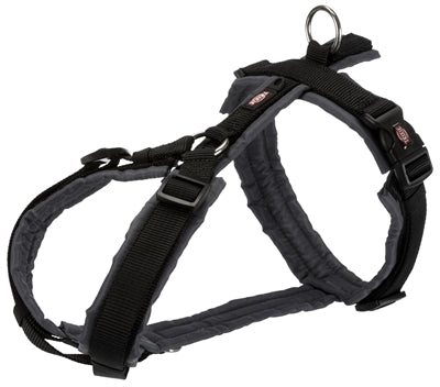 Trixie Hundegeschirr schwarz grau Trekking, Verpackung mit Größentabelle