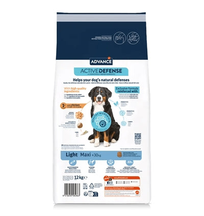 Advance Maxi Light kalorienreduziert Rückseite Inhaltsstoffe – Diät Hundefutter große Rassen Analyse