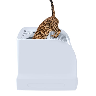 Imac Katzentoilette Frida hellblau Detailansicht – Katzenklo mit Schublade geöffnet seitlich