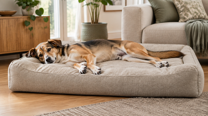 Entspannter Hund liegt mit Kopf, Körper und Beinen auf einem großzügigen rechteckigen Hundebett.