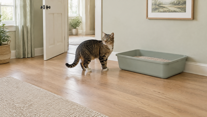 Eine getigerte Katze steht neben einer offenen Katzentoilette in einem frei zugänglichen Raum.