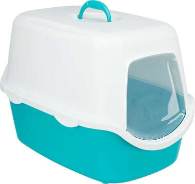 Trixie Katzentoilette Vico türkis-weiss mit Haube – Frontansicht