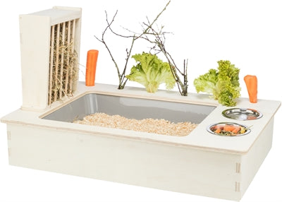 Trixie Kleintierkäfig-Zubehör mit Futter- Wasser- und Heuraufe Holz Natur