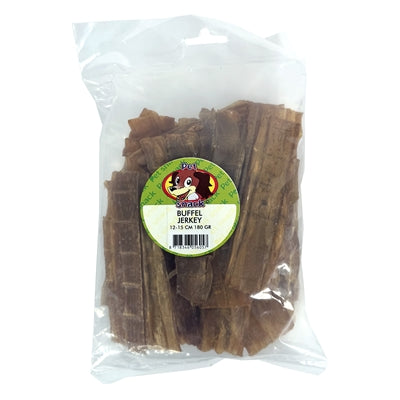 Petsnack Büffel-Jerky Detailansicht – getrocknetes Büffelfleisch proteinreicher Hundesnack seitlich