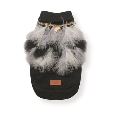 Croci Hundepullover mit Federn schwarz/weiß – Frontansicht elegante Hundebekleidung