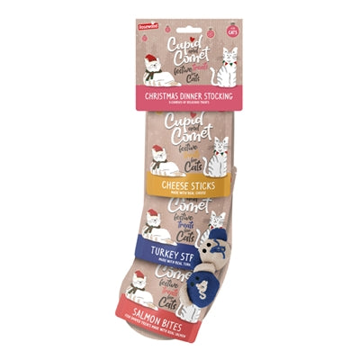 Cupid & Comet Weihnachtsessen-Socke für Katzen – festliches Katzenspielzeug mit Snacks