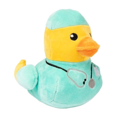 Fuzzyard Duck Ducktor Plüsch Detailansicht – Enten-Doktor Hundespielzeug Rückseite Nahaufnahme