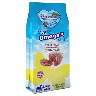 Renske Mighty Omega Plus Lammfleisch Detailansicht – hypoallergenes Hundefutter Verpackung Rückseite