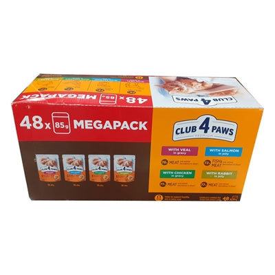 Club 4 Paws Megapack Katzenfutter 48x85g vier Geschmacksrichtungen Nassfutter
