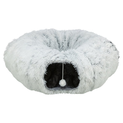 Trixie Harvey Plüsch Spieltunnel und Donut für Katzen in Weiss und Grau – Frontansicht