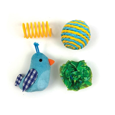 Happy Pet Vogel Multipack blau – 4er-Set Katzenspielzeug mit Vogel, Ball und Knisterspielzeug